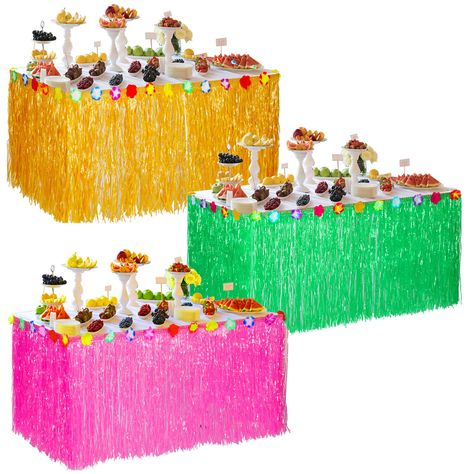 PRICES MAY VARY. Enough quantity: there are 3 pieces of Hawaiian table skirts per package; There are 3 colors of straw color, green and pink; It is very suitable for Hawaiian themed parties, making your party more dynamic and eye catching Stretch design: the Hawaiian table skirts with stretch design can make 9 feet becomes 24 feet, you can cover up large display tables with just 1 skirt, you can also stretch them and hang them up for added Hawaiian decor Multiple uses: Hawaiian table skirt is su Pool Party Graduation, Hawaiian Themed Parties, Hawaii Party Decorations, Formal Decor, Margaritaville Party, Tiki Hawaii, Hawaiian Party Theme, Hawaii Theme, Birthday Costume