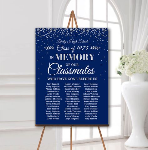 In Memory Sign, 40th Reunion, 50th Class Reunion Ideas, Foam Board Sign, Class Reunion Decorations, College Reunion, Reunion Decorations, Reunion Invitations, Liberty High School