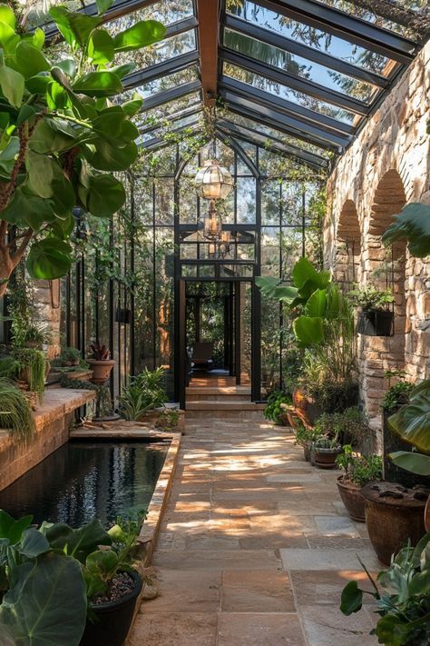 Indoor Terrarium Room, Big Green House Aesthetic, Greenhouse On House, Greenhouse Inside House, Tropical Greenhouse Design, Green House Attached To Kitchen, Indoor Green House Room, Greenhouse With Pond Inside, In Home Greenhouse