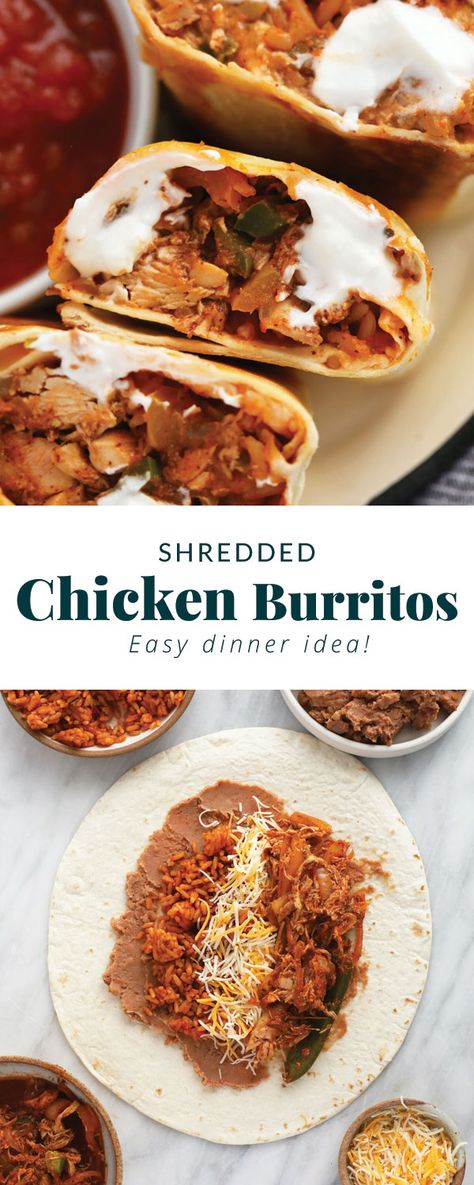 These easy shredded chicken burritos are super flavorful with smothered chicken and fajita veggies, refried beans and Spanish rice. Make a batch and enjoy immediately, or follow our freezer instructions for the ultimate meal prep recipe! Chicken And Bean Burrito Recipe, Spanish Rice Burrito, Chicken And Refried Beans Recipes, Make Ahead Chicken Burritos, Chicken Bean Burrito, Chicken And Bean Burritos, Shredded Chicken Burritos, Rice And Bean Burrito, Easy Chicken Burritos