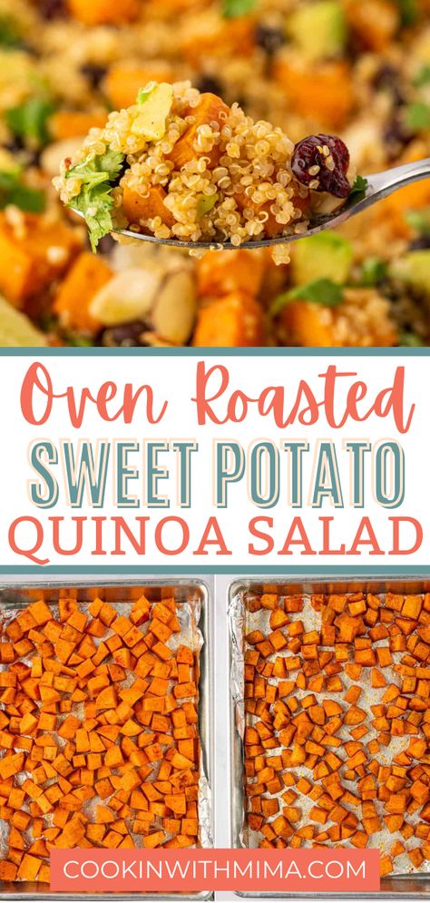 This Oven Roasted Sweet Potato Quinoa Salad is super nutritious and absolutely packed with incredible flavor! It’s the perfect recipe to make ahead of time for a protein filled lunch. You can also serve it as a side to any meal. Try this tasty salad recipe today and I know you’ll be in love! Quinoa Kale Sweet Potato Salad, Quinoa Salad With Sweet Potato, Roasted Sweet Potato Quinoa Salad, Sweet Potato And Quinoa Recipes, Quinoa And Sweet Potato Recipes, Quinoa Sweet Potato Recipes, Roasted Quinoa Salad, Sweet Potato Quinoa Bowl, Kale Sweet Potato Salad