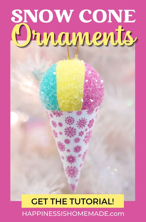 These easy DIY Snow Cone Ornaments are fun for all ages! Add some sparkle to your Christmas tree with whimsical snow cone Christmas ornaments! Diy Sprinkle Ornaments, Diy Felt Candy Ornaments, Diy Donut Ornaments, Summer Themed Christmas Tree, Waffle Cone Christmas Tree, Diy Snowcones, Diy Candy Christmas Ornaments, Diy Whimsical Christmas Decor, Diy Candy Decor