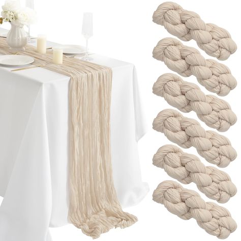 PRICES MAY VARY. NATURAL TABLE RUNNER: The package includes 6 pieces of beige white gauze cheesecloth table runners with wrinkled 35" wide and 10 ft length size, appropriate for a table that can seat 8-10 people. It is large enough to cover rectangle and round tables or other shaped tables, can also be spliced together for long tables. SOFT&DURABLE MATERIAL: Made of high quality polyester, reusable, washable. The texture is more delicate and soft because of the heavier weight than others, which Beige Cheesecloth Table Runner Wedding, White Gauze Table Runner, White Round Table Cloth With Burlap Runner, Cheesecloth Table Runner Babyshower, White Tablecloth With Burlap Runner, Table Cloth For Wedding, Holiday Birthday Party, Birthday Party Table Decorations, Birthday Party Table