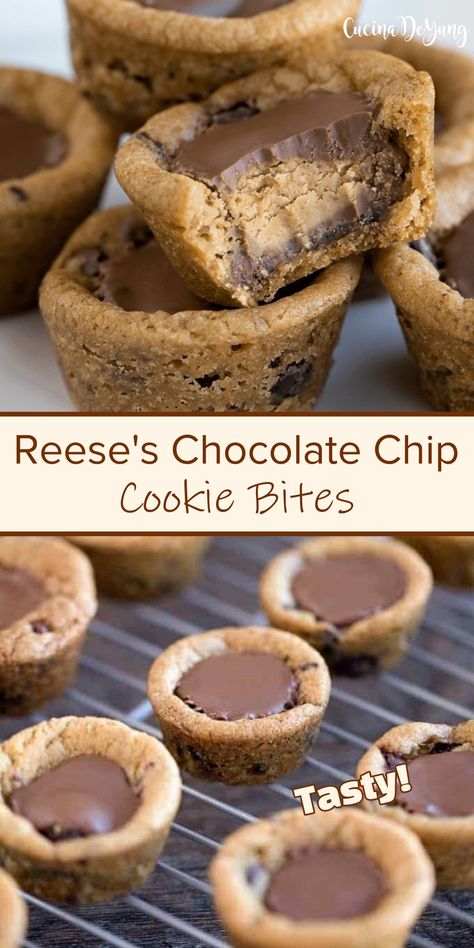 The BEST Reese’s Chocolate Chip Cookie Bites – CUCINADEYUNG Chocolate Chip Cookie Dough Pretzel Bites, Reeses Desserts, Chocolate Chip Cookie Bites, Christmas Chocolate Chip Cookies, Health Dessert Recipes, Chocolate Chip Cookie Brownies, Easy Dump Cake Recipe, Chocolate Chip Cookie Cups, Paris Bakery