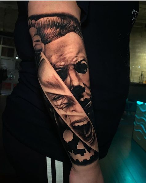 Michael Myers And Jason Tattoo, Michael Myers Forearm Tattoo, Gentlemen Tattoo For Men, Michele Myers Tattoo, Ghostface Sleeve Tattoo, Michael Myers Hand Tattoo, Michael Meyer Tattoo, Mike Myers Tattoo, Foe Tattoos Men