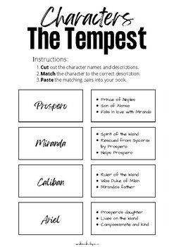 A fun and easy to use FREEBIE for your The Tempest unit. Lots of fun and a tactile way for students to engage with the Shakespeare's lively characters.What is included?Main character names and descriptions for students to cut out, match, then paste into booksTeacher answer sheetBasic Activity Instru... Main Character Names, Romeo And Juliet Characters, The Tempest, 10th Grade, Character Names, Main Character, Romeo And Juliet, Teacher Store, Main Characters