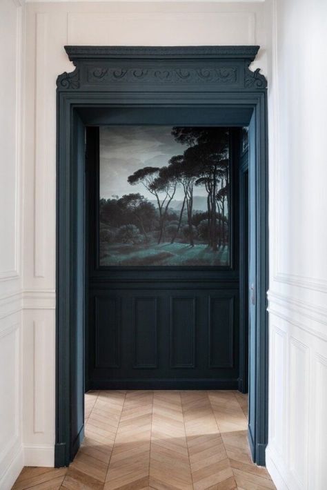 Dark Blue House Aesthetic, Colour Drenching Hallway, French Blue Walls, Blue Trim Interior, Deco Studio, Prussian Blue, Home Aesthetic, Dream House Decor, Entry Way