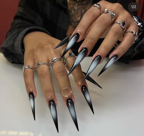 Black And White Birthday Nails, Black French Tip Stiletto Nails, Black Airbrush Nails, Long Chrome Nails, Gothic Stiletto Nails, Stiletto Black Nails, Goth Stiletto Nails, Black Stiletto Nails Design, Stiletto Nails Black