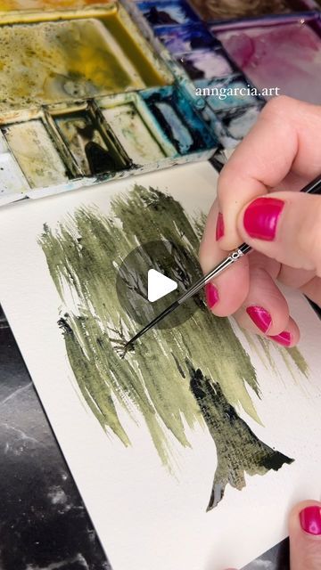 Ann Garcia | watercolor • art • design on Instagram: "I just love willow trees, and I’m excited to see them leaf out this spring! 💚 IG recommended this audio by @fabricesotton and it is the perfect accompaniment. Thank you for this beautiful music, Fabrice. 🌸  Notes: White space is critical in watercolor because that’s where the light and highlights come through. In this reel, I intentionally left white spaces between some brush strokes in order to allow light through the tree. This open space provides an opportunity to see through the tree and then create tree limbs. In nature, most trees have open spaces where light comes through, especially when trees are older (like this old willow that I painted today). If you find the you consistently create dark watercolor paintings that lack ligh Watercolor Willow Tree Tutorial, Willow Tree Watercolor Painting, Trees In Watercolour, Painting Willow Tree, Diy Willow Tree, Watercolor Trees Tutorial, Willow Tree Watercolor, Watercolor Art Tree, Watercolor Willow Tree