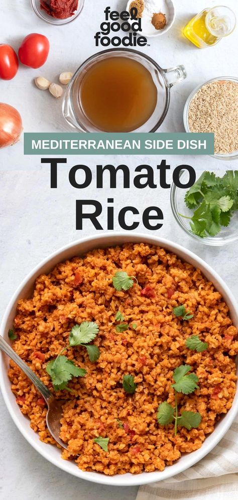 This Tomato Rice is made with brown rice, fresh tomatoes and warm Mediterranean spices. It's the perfect side dish and I'll show you how to prepare it! Greek Tomato Rice, Mediterranean Brown Rice Recipes, Orange Rice Recipe, Pan Roasted Brussel Sprouts, Tomato Rice Recipe, Brown Rice Pilaf, Healthy Mashed Potatoes, Healthy Rice Recipes, Garlic Roasted Potatoes