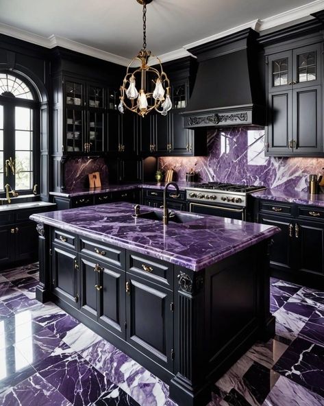 Kitchen With Black Cabinets, All Black Kitchen, Kitchen With Marble, Black Kitchen Design, Modern Black Kitchen, Gothic Kitchen, Black Granite Countertops, Black Kitchen Island, Gothic Furniture