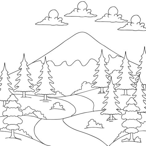 Design Nature Landscape Outline Coloring Page Nature Outline Drawing, Landscape Outline, Outline Pictures, Outline Drawings, Nature Paintings, Nature Landscape, Blackpink Rose, Coloring Page, Landscape Paintings