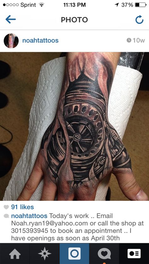 Turbo tattoo .hand tattoo . Black and grey .. Car Guy Tattoos Sleeve, Mechanic Hand Tattoo, Turbo Tattoo Ideas, Turbo Tattoo Design, Hand Tattoo Black And Grey, Craziest Tattoos, Gear Head Tattoo, Turbo Tattoo, Tiger Eyes Tattoo