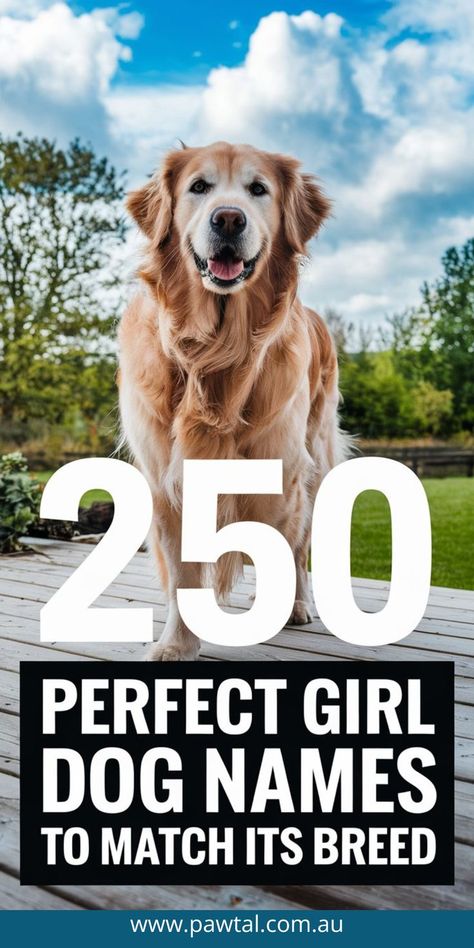 250 perfect names for your female pup!  From classic to cute to quirky, find the ideal name for your Golden Retriever, Labrador, Poodle, and more.  Get inspired now!  �🐶🐾  Includes:
* Popular names
* Unique names
* Breed-specific suggestions
Find your perfect match! Golden Retriever Puppy Names Female, Strong Dog Names Girl, Female Golden Retriever Names, Golden Retriever Girl Names, Girl Dogs Name, Female Dog Names Unique List, Female Dog Names List, Preppy Dog Names, Girl Puppy Names Unique