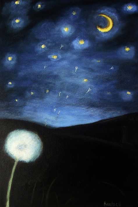 Dandelion. Star. Moon Silhouette Mountains, Painting Starry Night, Sweet Dreams My Love, Yellow Night, Jenny Wren, Painting Famous, Night Sky Painting, Wish Upon A Star, Paintings Famous