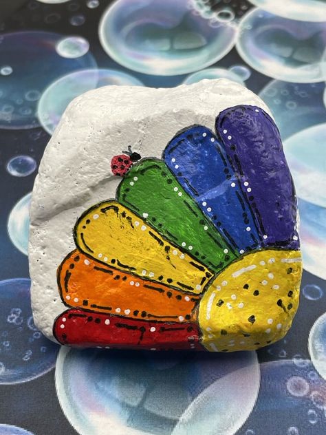 Hand Painted Rock, Rainbow Flower And Ladybug, Stone Painting Art, Sealed Fairies Painted On Rocks, Dragon Fly Painted Rocks, Painted Rocks Spring, Square Rock Painting, Ladybug Rocks Painted, Turtle Rock Painting, Rainbow Rock Painting, Ladybug Rock Painting, Dot Painting On Rocks