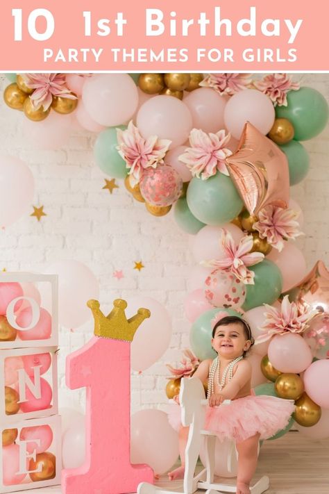 Celebrate your baby girl 1st birthday party with my selection of popular first birthday girl themes. Host a princess first birthday party or a Minnie mouse party with my cute first birthday party decorations. Find unique 1 st birthday themes such as bee day party or sweet as a peach to celebrate your daughter turning one. Click the link to find more 1st birthday girl party ideas themes to help you celebrate your daughter’s birthday. 1st Birthday Themes Girl, Baby First Birthday Themes, 1st Birthday Girl Decorations, Princess Theme Birthday, 1st Birthday Party For Girls, Princess Theme Birthday Party, Girls Birthday Party Themes