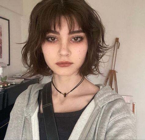 Short Haircuts For Women Wolfcut, Mullet Hairstyle Women With Bangs, Cute Short Hair With Bangs Hairstyles, Fem Nonbinary Haircuts, Short Hair Inspo Layers Bangs, Shaggy Short Hair With Bangs Straight, Micro Bangs Short Hair Round Face, Fringe Hairstyles Round Face Short, Short Cute Haircuts With Bangs