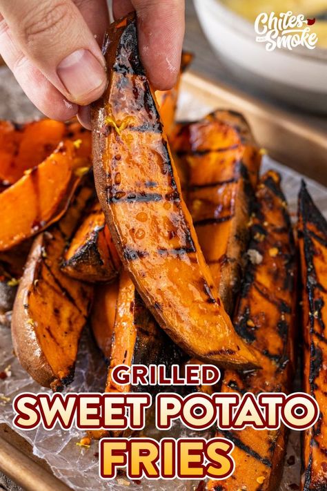 Make sides the star with these tender and charred Grilled Sweet Potato Fries that are basted in spicy, delicate, and tangy butter. Pillowy on the inside with a lightly crisp crust, these will instantly tantalize your taste buds. Aside from the sweet potatoes you just need a few basic ingredients like oil, salt, and pepper. These are both budget-friendly and easy to shop for. It’s also just as easy to make a few as it is to feed a crowd. Smoked Sweet Potatoes, Spicy Honey Butter, Sweet Potatoes Fries, Grilled Sweet Potato Fries, Southern Macaroni Salad, Potatoes Fries, Southern Bbq, Outdoor Cooking Recipes, Grilled Sweet Potatoes