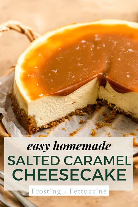 This easy homemade cheesecake with salted caramel is so smooth, delicious and easy to make! It has salted caramel sauce in the cheesecake batter and slathered on top. You can use either store bought or homemade caramel, either way you can't go wrong! Sea Salt Caramel Cheesecake Recipe, Cheesecake Factory Salted Caramel Cheesecake, Caramel Cheesecake Topping, No Bake Cheesecake Caramel, Carmel Cheesecake Topping, Cheesecake With Caramel Topping, Easy Salted Caramel Cheesecake, Sea Salt Caramel Cheesecake, Best Cheesecake Ever