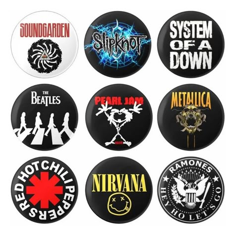 Button Pins Printable, Bottle Cap Pin, Pin Button Design, Rock Star Party, Heavy Metal Art, Button Ideas, Sketchbook Cover, Bottle Cap Crafts, System Of A Down