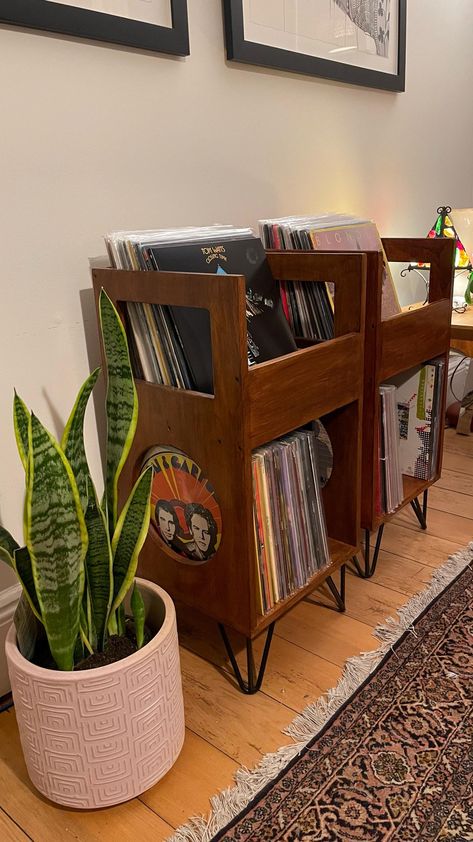 Kushi Record Cabinets, handmade in Manly, Sydney. Crafted from solid Australian Blue Gum hardwood. They hold 90 - 100 records comfortably. I hand-build these cabinets to order, either out of solid 18mm Blue Gum or Spotted Gum. I designed and started building these cabinets to store my ever-growing record collection. I particularly like the 'record shop' style flip-through top section for all my favourite albums. It makes it so easy to find what I want to play. With its spine-revealing storage un Vinyl Record Living Room, Record Display Stand, Records Organization Ideas, Vintage Record Cabinet, Vynal Record Storage, Vinyl Wall Storage, Record Player Room, Record Storage Ideas, Vinyl Storage Ideas