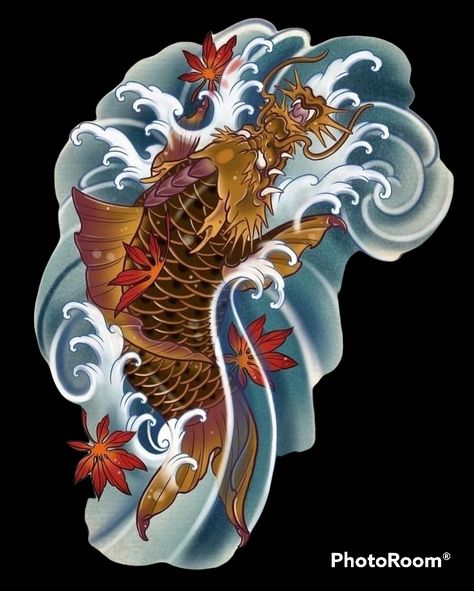 Dragon Koi Tattoo Design, Dragon Koi Fish, Koi Dragon Tattoo, Japanese Hand Tattoos, Tree Sleeve Tattoo, Koi Tattoo Sleeve, Japanese Snake Tattoo, Koi Dragon, Traditional Japanese Tattoo Designs