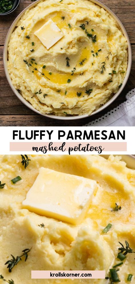 mashed potatoes in a bowl garnished with thyme and a pad of butter Mashed Potatoes Heavy Cream, Ultra Creamy Mashed Potatoes, Creamy Mashed Potatoes Recipe, Parmesan Mashed Potatoes, Whipped Potatoes, Parmesan Cream Sauce, Creamy Mash, Making Mashed Potatoes, Creamy Parmesan