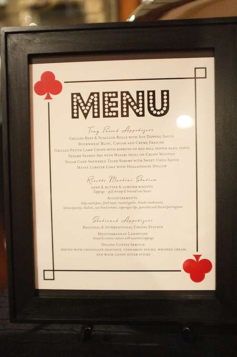 Casino Birthday Party, Vegas Theme Party, Menu Display, Casino Wedding, Casino Birthday, Event Director, Casino Night Fundraiser, Las Vegas Party, Vegas Theme