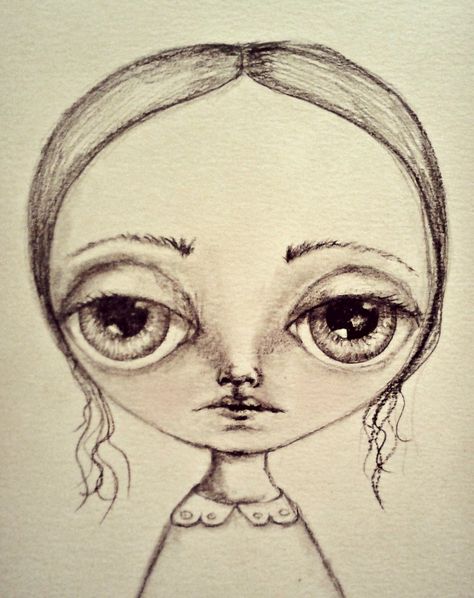 5x7" Graphite on paper by Deborah Jackson Big Eyes Illustration, Big Eye Drawing Sketch, Big Eye Drawing, Whimsical People, Big Eyelashes, Index Card A Day, Art Coursework, Big Eyes Artist, Eye Illustration