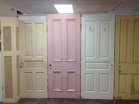 Loving my new #wall of old #doors & #shutters! Wall Made From Old Doors, Old Door Divider Wall, Vintage Door Room Divider, Wall Of Old Doors, Hanging Old Doors On The Wall, Old Door Hanging On Wall, Reclaimed Doors, Diy Room Divider, Doors Repurposed