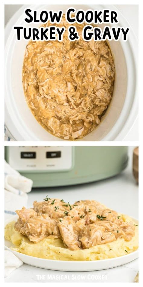 Turkey In Gravy Crock Pot, Cream Turkey Recipe, Shredded Turkey Sandwiches, Turkey Crockpot, Slow Cook Turkey, Crockpot Thanksgiving, Cooking Thanksgiving Turkey, Turkey And Gravy, Gravy Chicken