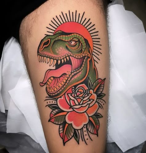 Old School Dinosaur Tattoo, Traditional Tattoo Dinosaur, Traditional Dinasour Tattoo, American Traditional Tattoo Dinosaur, Morph Tattoo, Traditional T Rex Tattoo, Traditional Style Dinosaur Tattoo, Traditional Dinosaur Tattoo, Neo Traditional Dinosaur