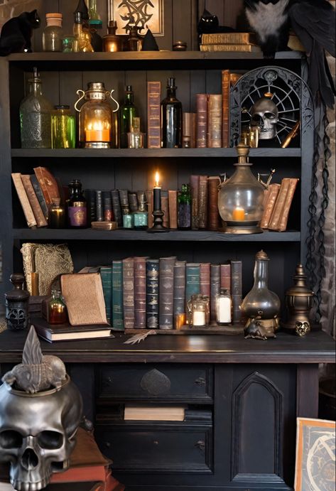 Dark Academia Bookcase Aesthetic, Dark Academia Bookshelf Decor, Goth Bookshelf Aesthetic, Black Book Shelf Aesthetic, Wizard Bookshelf, Witch Workspace, Haunted Library Aesthetic, Bookshelf Cottagecore, Gothic Library Aesthetic