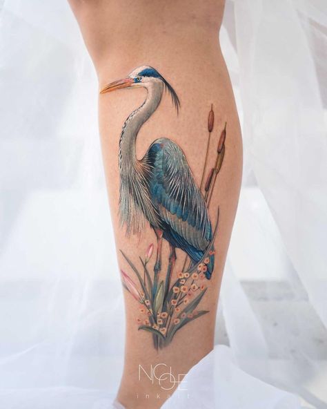 Blue Heron Bird Tattoo, Blue Crane Tattoo, Blue Herring Tattoo, Blue Heron Tattoo, Red Cardinal Tattoos, Leg Tats, Heron Tattoo, Tattoos 2023, Tattoo 2024