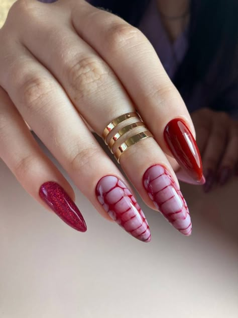 28 Chinese New Year Nail Inspirations [2024 Edition] Red Nails Blooming Gel, Chinese New Year Nail, Almond Nails Red, New Year Nail, Office Nails, Long Almond Nails, New Years Nail Designs, Purple Acrylic Nails, Romantic Nails