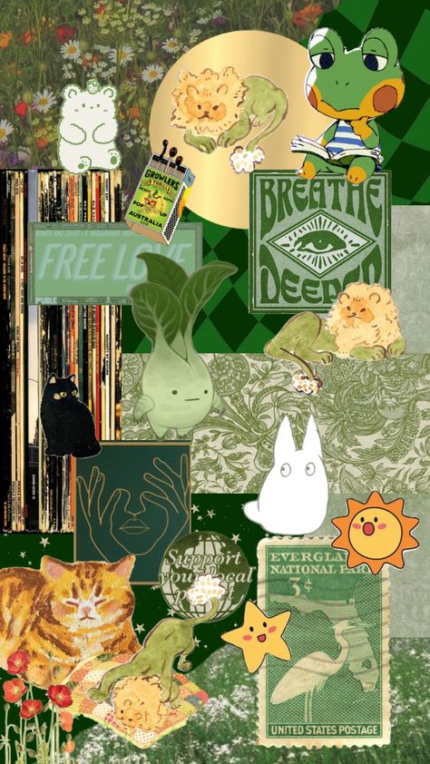 oh what a time!!💚🐸🧩#vintage #nature #vibes #wallpaper #collage #green #greenaesthetic Green Cute Background, Green Picture Collage, Green Collage Aesthetic, Green Wallpaper Collage, Green Collage Wallpaper, Frog Journal, Green Phone Wallpaper, Moths Wallpaper, Kindle Wallpaper