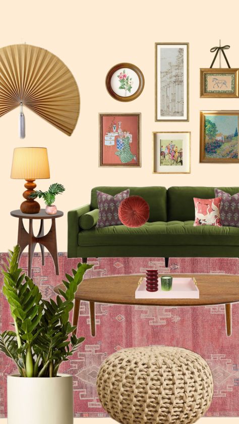 Living room Groovy Aesthetic Living Room, Living Room Collage, Modern Victorian Kitchen, Biofilic Design, Interior Board, Living Room 2024, Groovy Aesthetic, Art Deco Mid Century Modern, Cozy Small Bedrooms