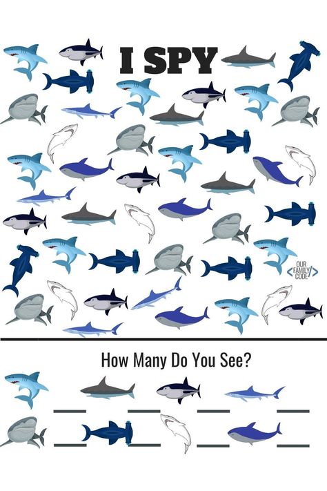 Free Shark worksheets for kids: I-Spy, Number Recognition, Letter Recognition, Less Than or Greater Than Shark Math! #homeschool #totschool #preschool #sharkweek #freekidactivities #freekidprintables #freepreschoolworksheets #summerworksheets #summerlearning #freekidworksheets Shark Games For Preschoolers, Shark Week Worksheets, Shark Week Theme Preschool, Shark Math Activities For Preschool, Shark Worksheets Preschool, Shark Kindergarten Activities, Shark Stem Activities For Kids, Shark Activity For Kids, Shark Activities For Kindergarten