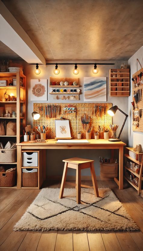 15 Brilliant Small Basement Ideas - GoTinySpace Office And Workshop Space, Studio Shelving Ideas, Artist Studio In Garage, Basement Hobby Room Ideas, Art Studio At Home Basement, Storage Room Office Combo, Art Studio Apartment Ideas, Utility Room Office, Cool Art Studios Work Spaces