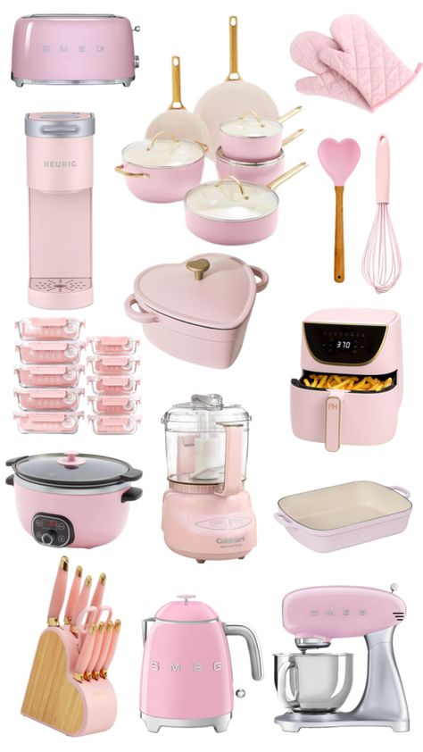 Appliances Aesthetic, Pink Kitchen Appliances, Baking Appliances, Princess Kitchen, House Appliances, Horror Room, Pink Kitchen Decor, Crockery Design, Smeg Appliances