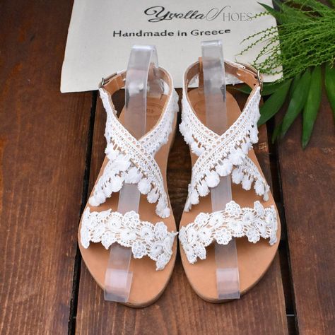 Boho Wedding Shoes, White Lace Flat Sandals, Leather Bridal Shoes, Beach Wedding, Holiday Shoes by YvollaShoes on Etsy Wedding Shoes Boho, White Wedding Sandals, Lace Wedding Sandals, Wedding Flats For Bride, Boho Bridesmaids, Bridal Flat Sandals, Wedding Shoes White, Sandals Bridal, Bride Sandals