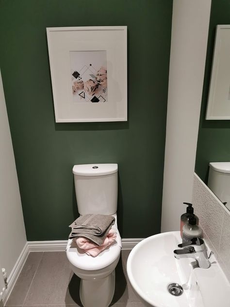 Inspiration Wc, Green Small Bathrooms, Bathroom Designs 2023, Olive Green Bathrooms, Card Room Green, Small Downstairs Toilet, Card Room, Toilet Room Decor, Small Toilet Room