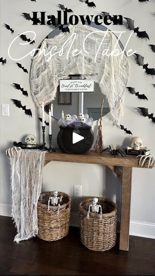 Halloween Entrance Table, Halloween Console Table Decor, Halloween Console Table, Halloween Entry Table, Console Table Decorating, Entrance Table, Target Dollar Spot, Halloween Painting, Fall Halloween Decor