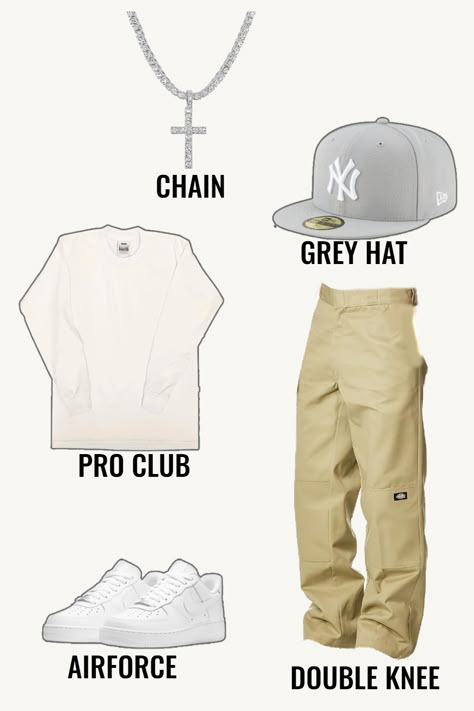 Explore this urban men's outfit idea featuring a bold cross chain, comfortable baggy khaki pants, and a classic plain Pro Club tee shirt. Paired with crisp white sneakers and topped off with a stylish grey hat, this ensemble balances casual comfort with streetwear sophistication, making it perfect for everyday wear or a casual outing Khaki Hat Outfit Men, Tupac Outfit Ideas, Outfits For Grey Dunks, Grey Jordans Outfit Men, Cool Fits For Guys, White Boy Streetwear, Grey Dunks Outfit Men, Proclub Outfits Men, White Sneakers Men Outfit