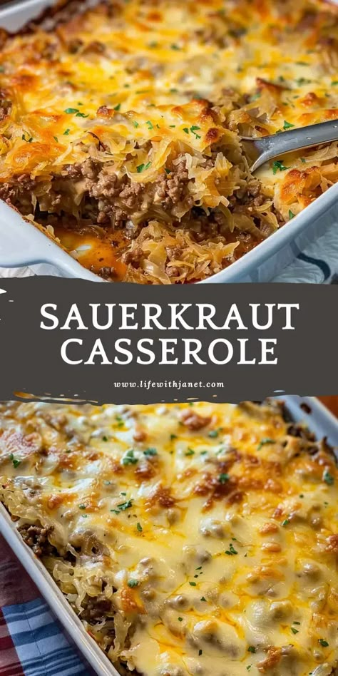 Pork Loin And Sauerkraut Crockpot Easy Recipes, Sauerkraut Hamburger Casserole, Sauerkraut And Hamburger Recipes, Sauerkraut Keto Recipes, Things To Eat With Sauerkraut, Sausages And Sauerkraut, Hamburger Sauerkraut Casserole, Things To Make With Sauerkraut, Ways To Use Sauerkraut