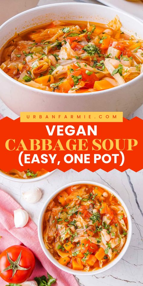 Warm you up with this fall comfort food idea! This Vegan Cabbage Soup uses pantry-friendly ingredients and is a one-pot recipe packed with nutrients and flavor. Make large batches of this easy soup recipe for dinner! Sour Cabbage Soup, Vegan Cabbage Soup, Vegetarian Cabbage Soup, The Cabbage Soup Diet, 7 Day Cabbage Soup Diet, Vegan Cabbage, Cabbage Soup Recipe, Homemade Vegetable Broth, Sour Cabbage