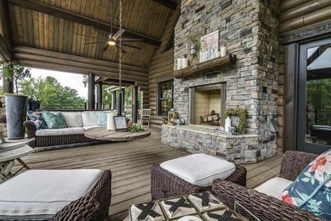 Stacked Rock Fireplace, Log Home Living, Indoor Living Room, Porch Fireplace, Timber Roof, Rock Fireplaces, Home Porch, Timber House, Log Home