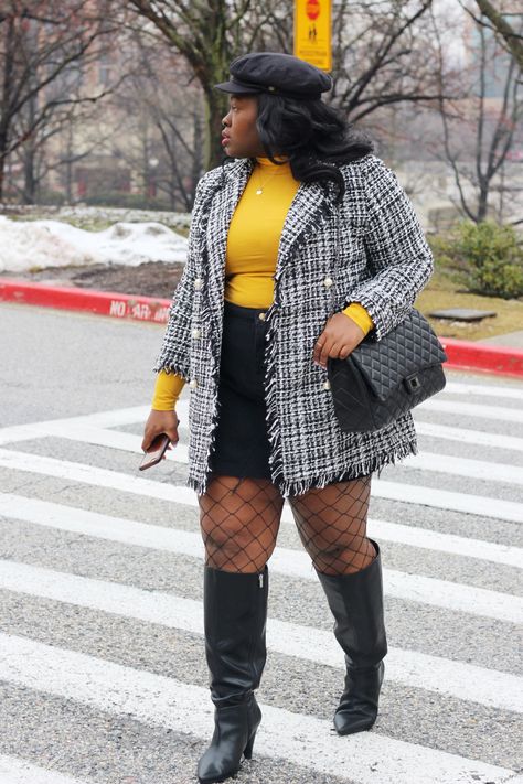 What To Wear When Its 45 Degrees And Foggy Fall Tights Outfit Plus Size, Plaid Skirt Plus Size Outfit, Plus Size Houndstooth Outfit, Plaid Skirt Plus Size, Plus Size Patterned Tights, Tweed Skirt Outfit, Degree Outfit, Skirt Outfit Fall, Legs Outfit