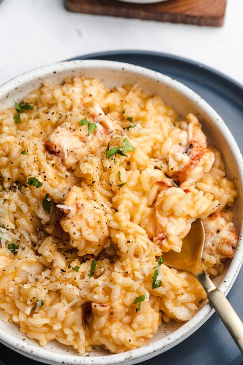 Creamy Lobster Risotto Recipe Lobster Orzo Recipes, Lobster Rosoto Recipes, Lobster Rissoto Recipes, Lobster Orzo, Langostino Lobster Recipes, Risotto Aesthetic, Healthy Lobster Recipes, Lobster Risotto Recipe, Orzo Recipes Side